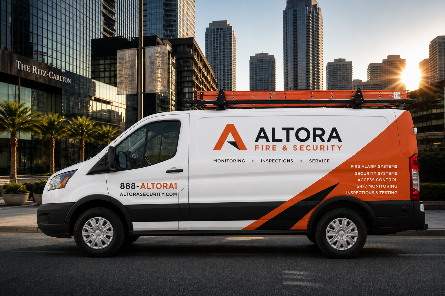 Altora Security branded service van in a California commercial district