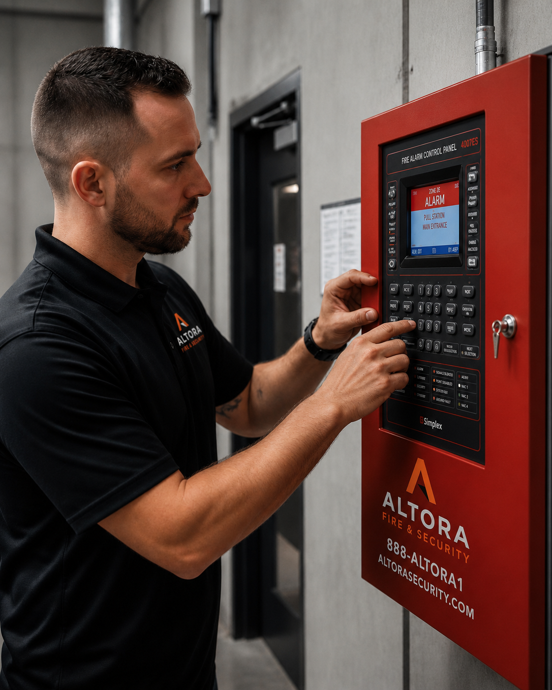 Altora technician working on a commercial fire alarm control panel
